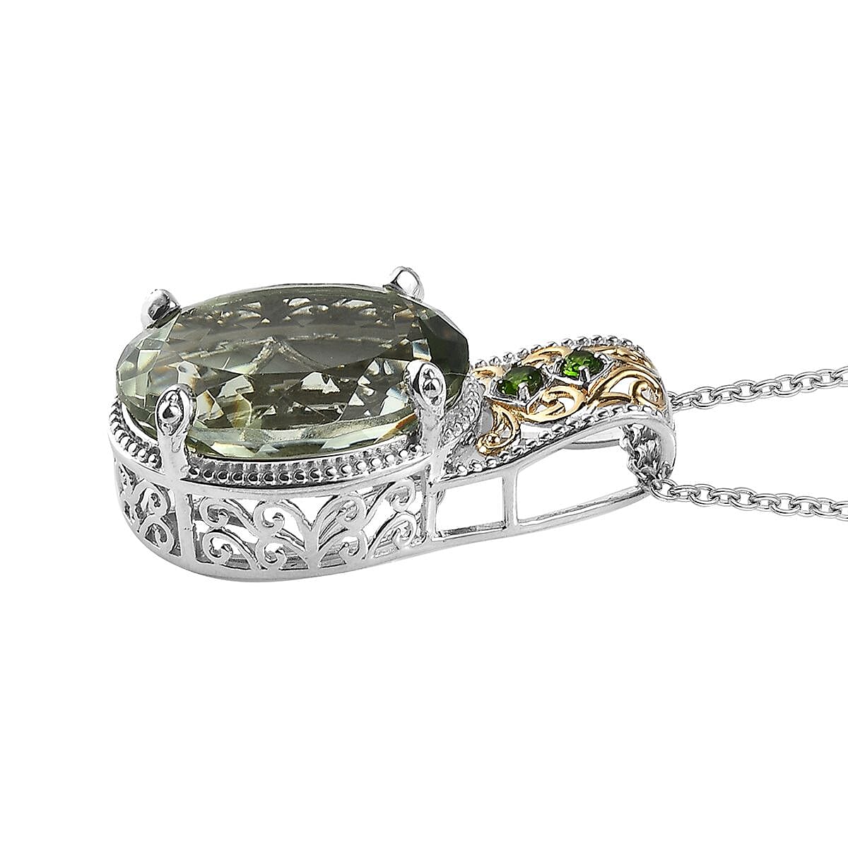 Montezuma Prasiolite and Chrome Diopside Pendant Necklace 20 Inches in Vermeil YG and Platinum Over Sterling Silver 19.00 ctw image number 3