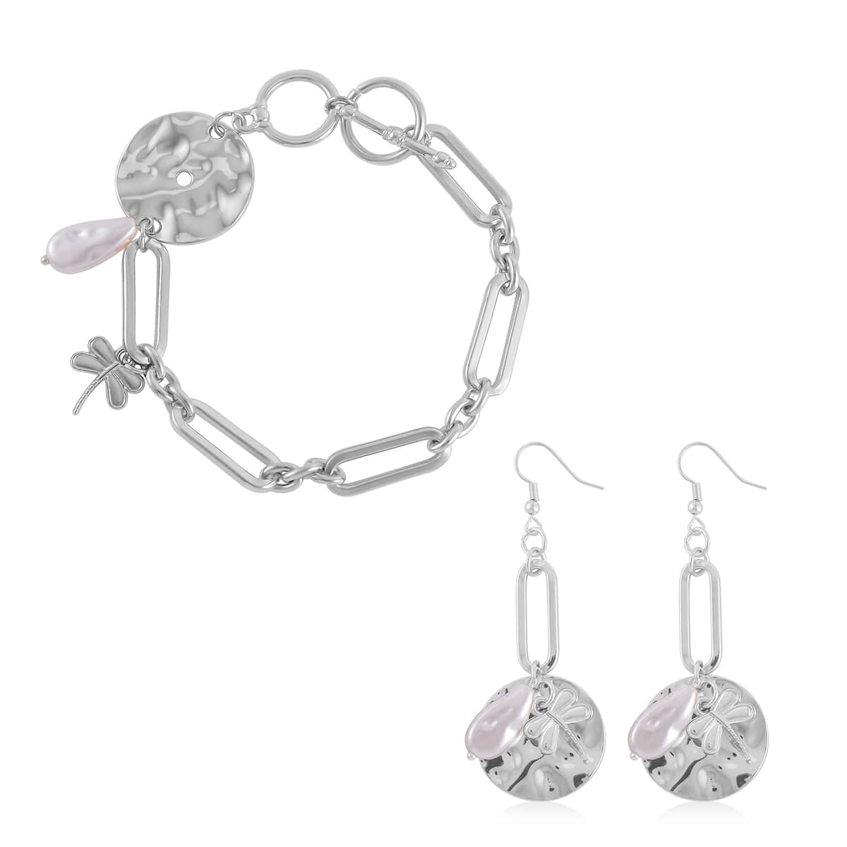 Simulated Pearl Paper Clip Chain Toggle Clasp Bracelet (8In) and Dangle Earrings in Silvertone image number 0