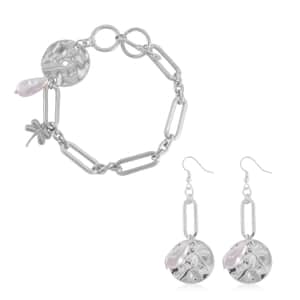 Simulated Pearl Paper Clip Chain Toggle Clasp Bracelet (7.50-8.50In) and Dangle Earrings in Silvertone