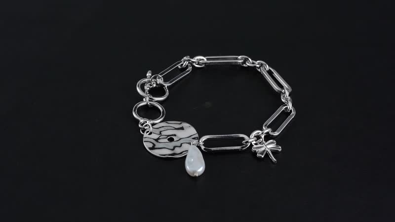 Simulated Pearl Paper Clip Chain Toggle Clasp Bracelet (8In) and Dangle Earrings in Silvertone