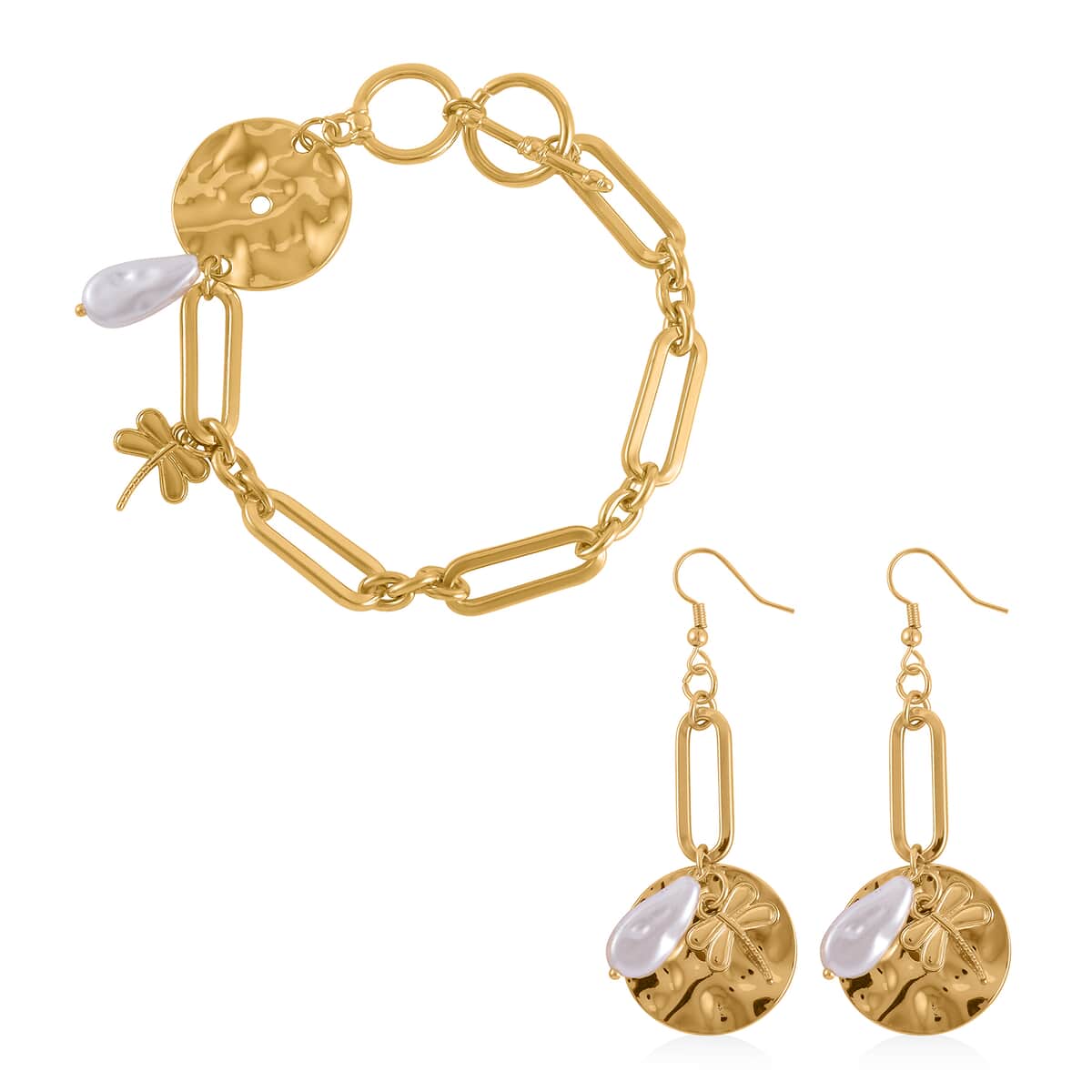 Simulated Pearl Paper Clip Chain Toggle Clasp Bracelet (7.50-8.50In) and Dangle Earrings in Goldtone image number 0