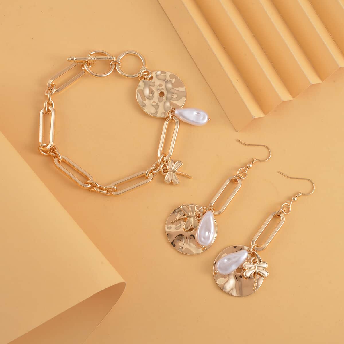 Simulated Pearl Paper Clip Chain Toggle Clasp Bracelet (7.50-8.50In) and Dangle Earrings in Goldtone image number 1