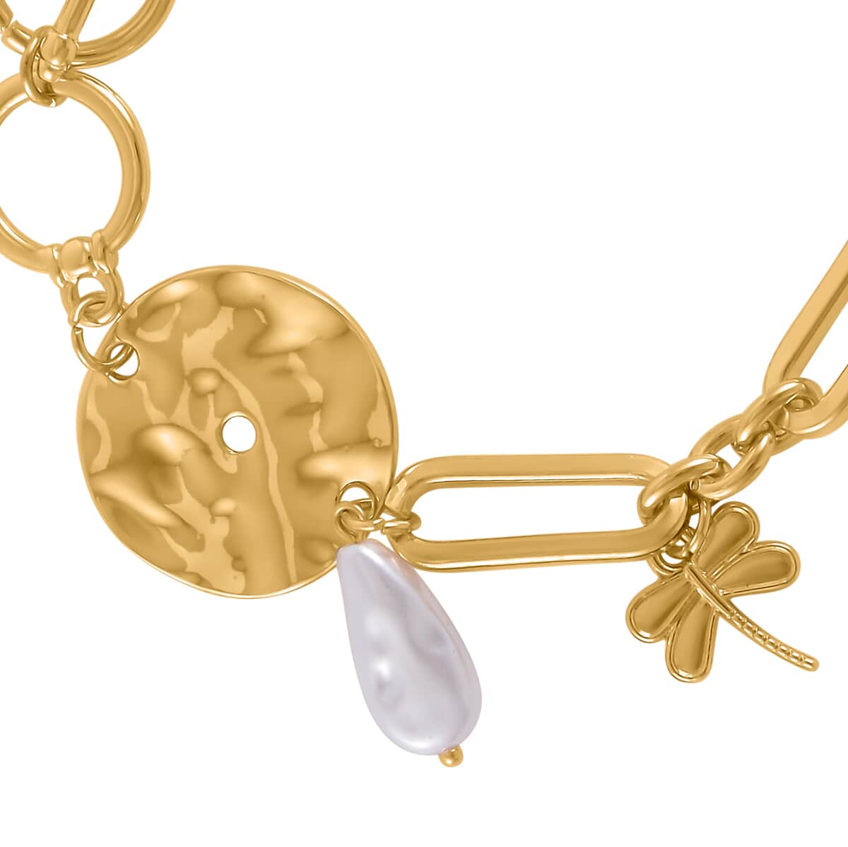 Simulated Pearl Paper Clip Chain Toggle Clasp Bracelet (7.50-8.50In) and Dangle Earrings in Goldtone image number 3