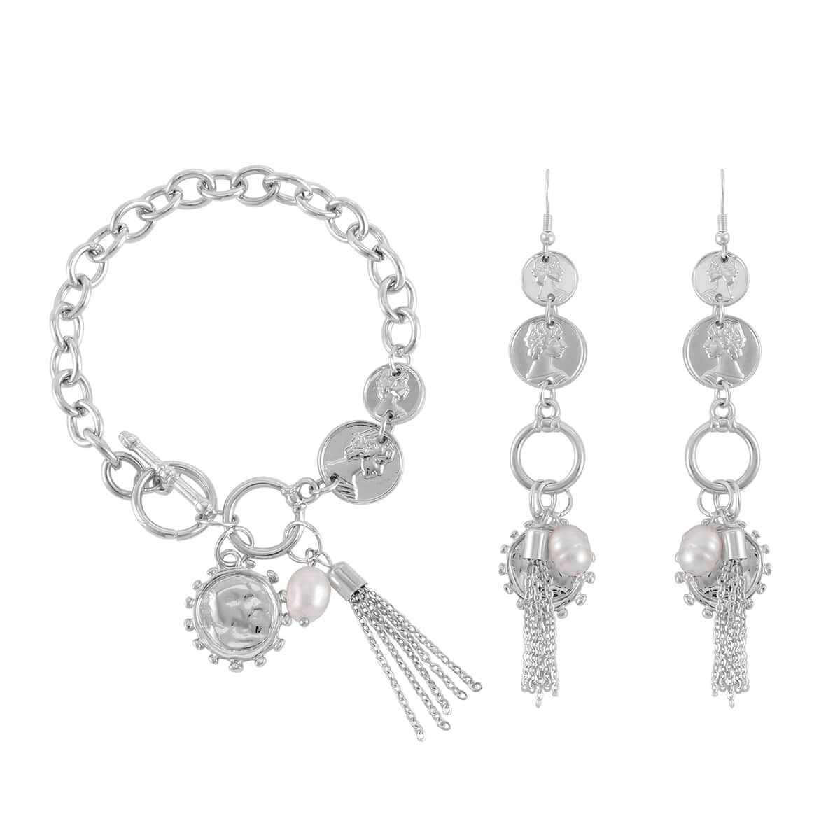 Freshwater Pearl Toggle Clasp Bracelet (7.50In) and Dangle Earrings in Silvertone image number 0