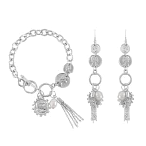 Freshwater Pearl Toggle Clasp Bracelet (7.50In) and Dangle Earrings in Silvertone