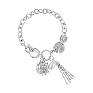 Freshwater Pearl Toggle Clasp Bracelet (7.50In) and Dangle Earrings in Silvertone