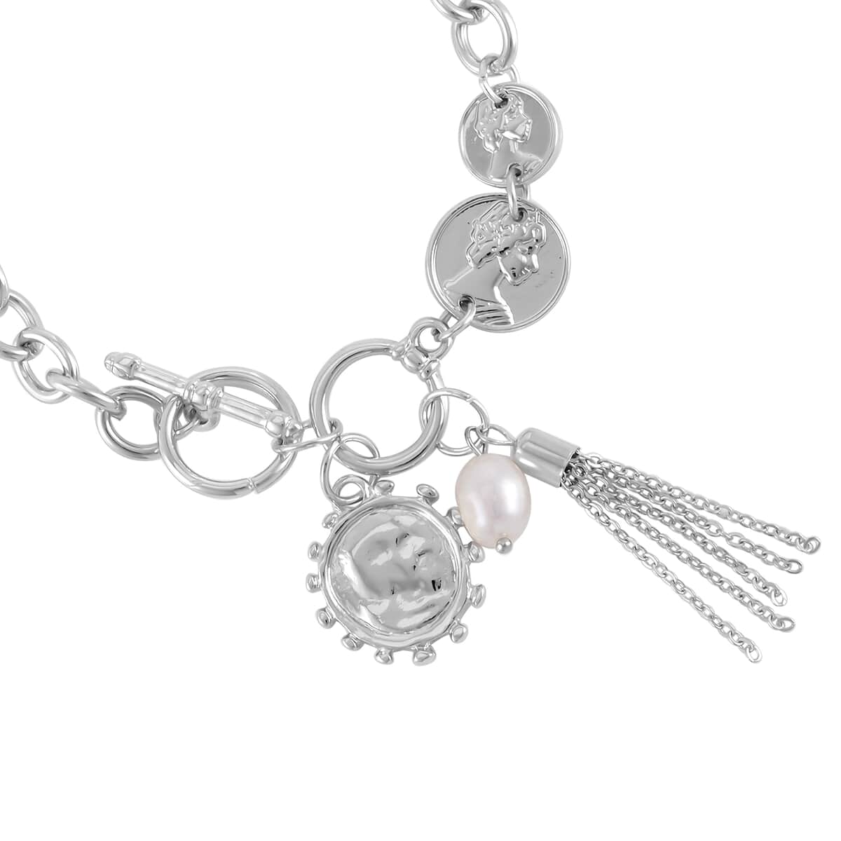 Freshwater Pearl Toggle Clasp Bracelet (7.50In) and Dangle Earrings in Silvertone image number 3