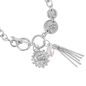 Freshwater Pearl Toggle Clasp Bracelet (7.50In) and Dangle Earrings in Silvertone
