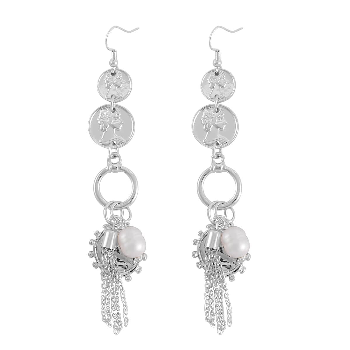 Freshwater Pearl Toggle Clasp Bracelet (7.50In) and Dangle Earrings in Silvertone image number 5