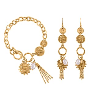 Freshwater Pearl Toggle Clasp Bracelet (7.50In) and Dangle Earrings in Goldtone