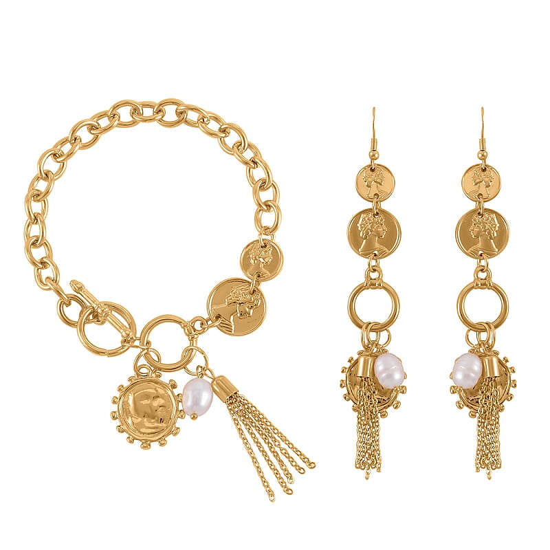 Freshwater Pearl Toggle Clasp Bracelet (7.50In) and Dangle Earrings in Goldtone