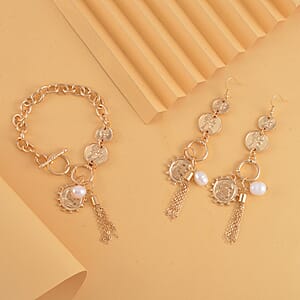 Freshwater Pearl Toggle Clasp Bracelet (7.50In) and Dangle Earrings in Goldtone