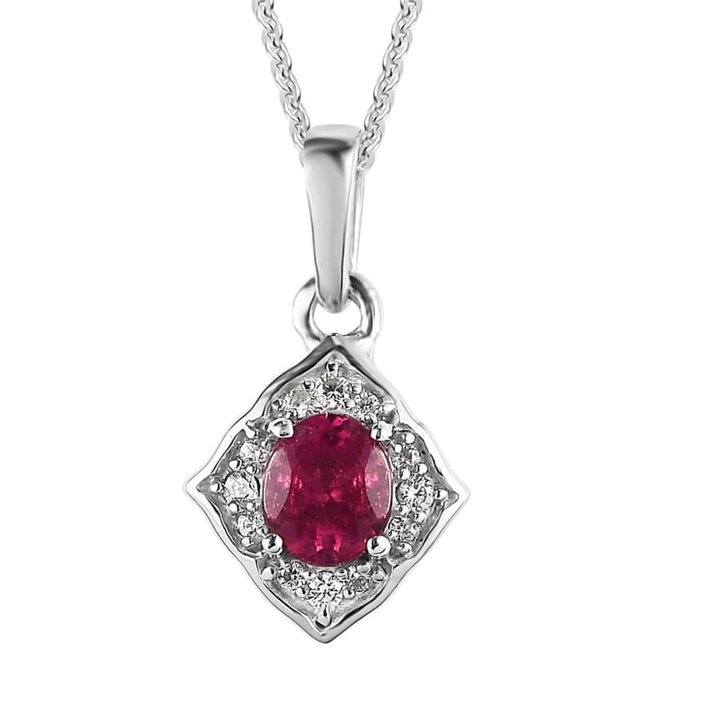 Premium Ouro Fino Rubellite and White Zircon Pendant Necklace 20 Inches in Platinum Over Sterling Silver 0.50 ctw