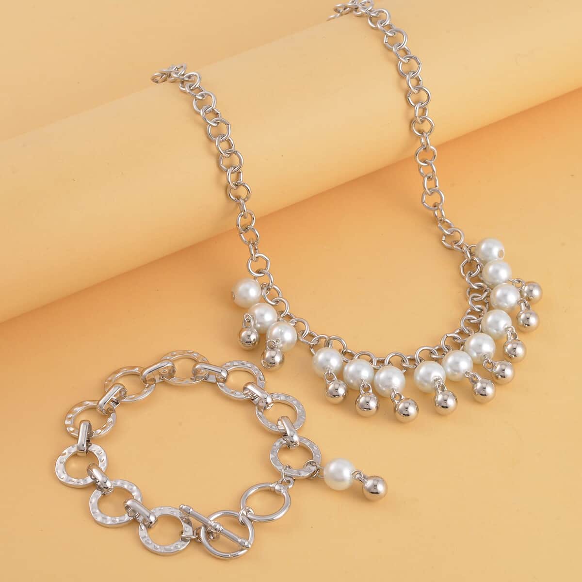 Simulated Pearl Glass Necklace 20-22 Inches and Bracelet 8In in Silvertone image number 1