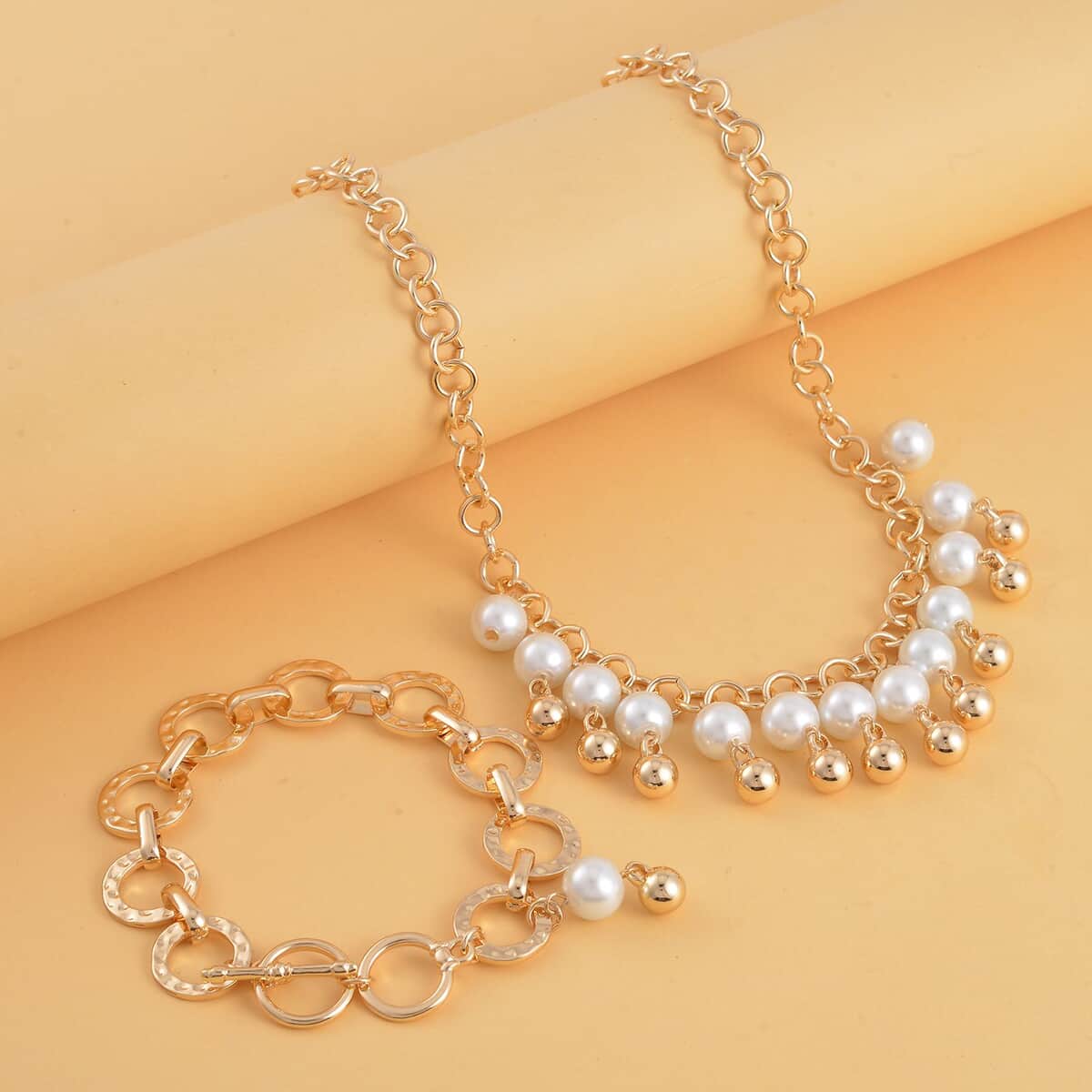 Simulated Pearl Glass Necklace 20-22 Inches and Bracelet 8In in Goldtone image number 1