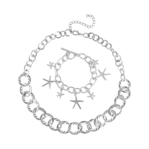 Round Link Chain Necklace (20-22 Inches) and Star Charm Bracelet (7.50In) in Silvertone