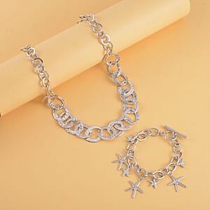 Round Link Chain Necklace (20-22 Inches) and Star Charm Bracelet (7.50In) in Silvertone