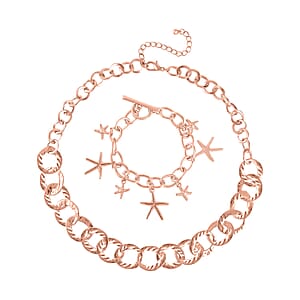 Round Link Chain Necklace 20-22 Inches and Star Charm Bracelet (7.50In) in Rosetone