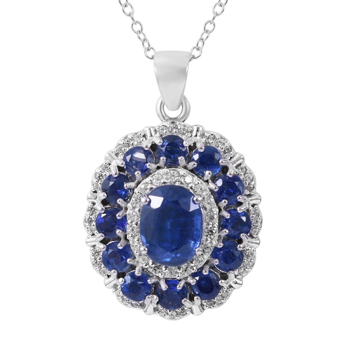 Kashmir Kyanite and White Zircon Floral Pendant Necklace (20 Inches) in Platinum Over Sterling Silver 5.85 ctw image number 0