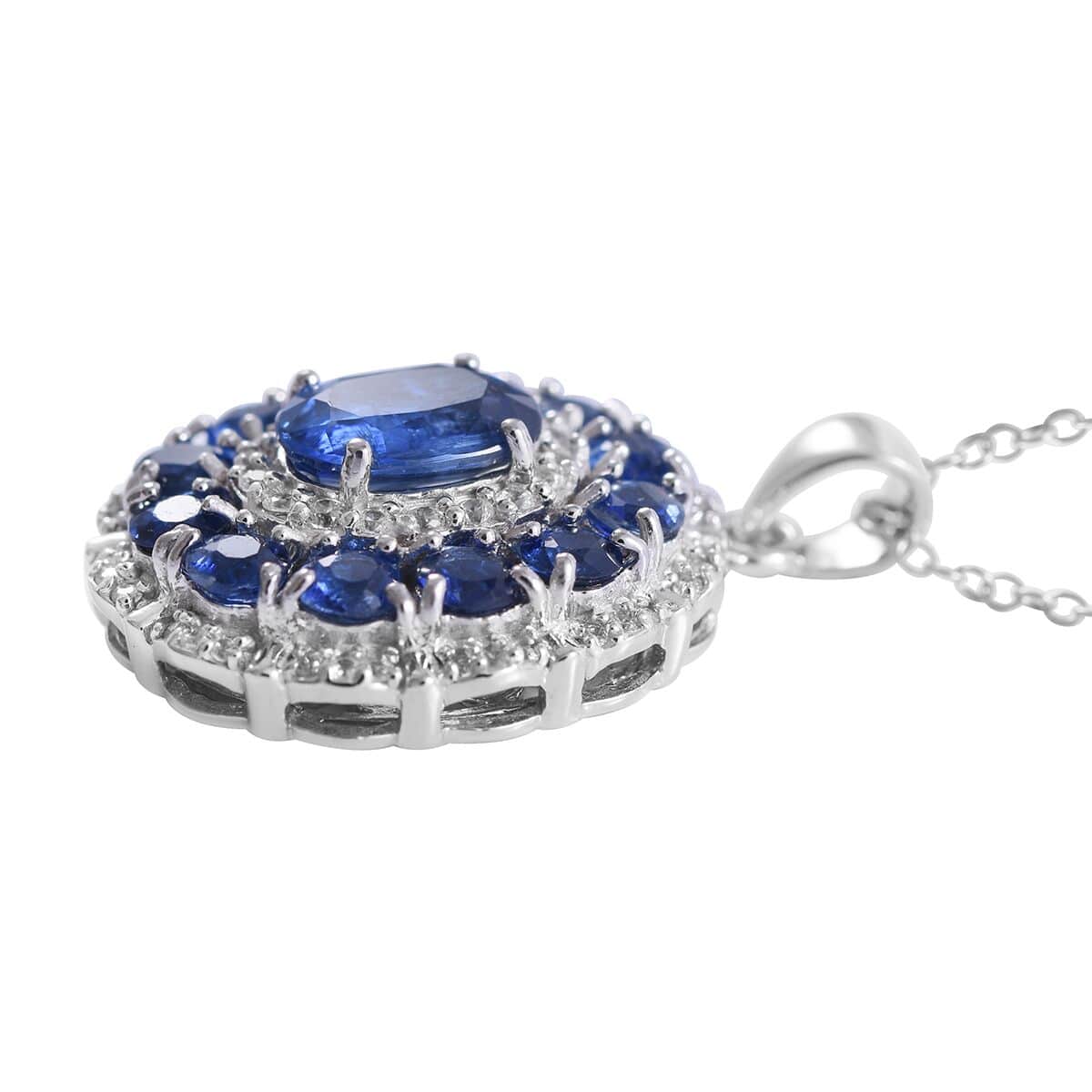 Kashmir Kyanite and White Zircon Floral Pendant Necklace (20 Inches) in Platinum Over Sterling Silver 5.85 ctw image number 2