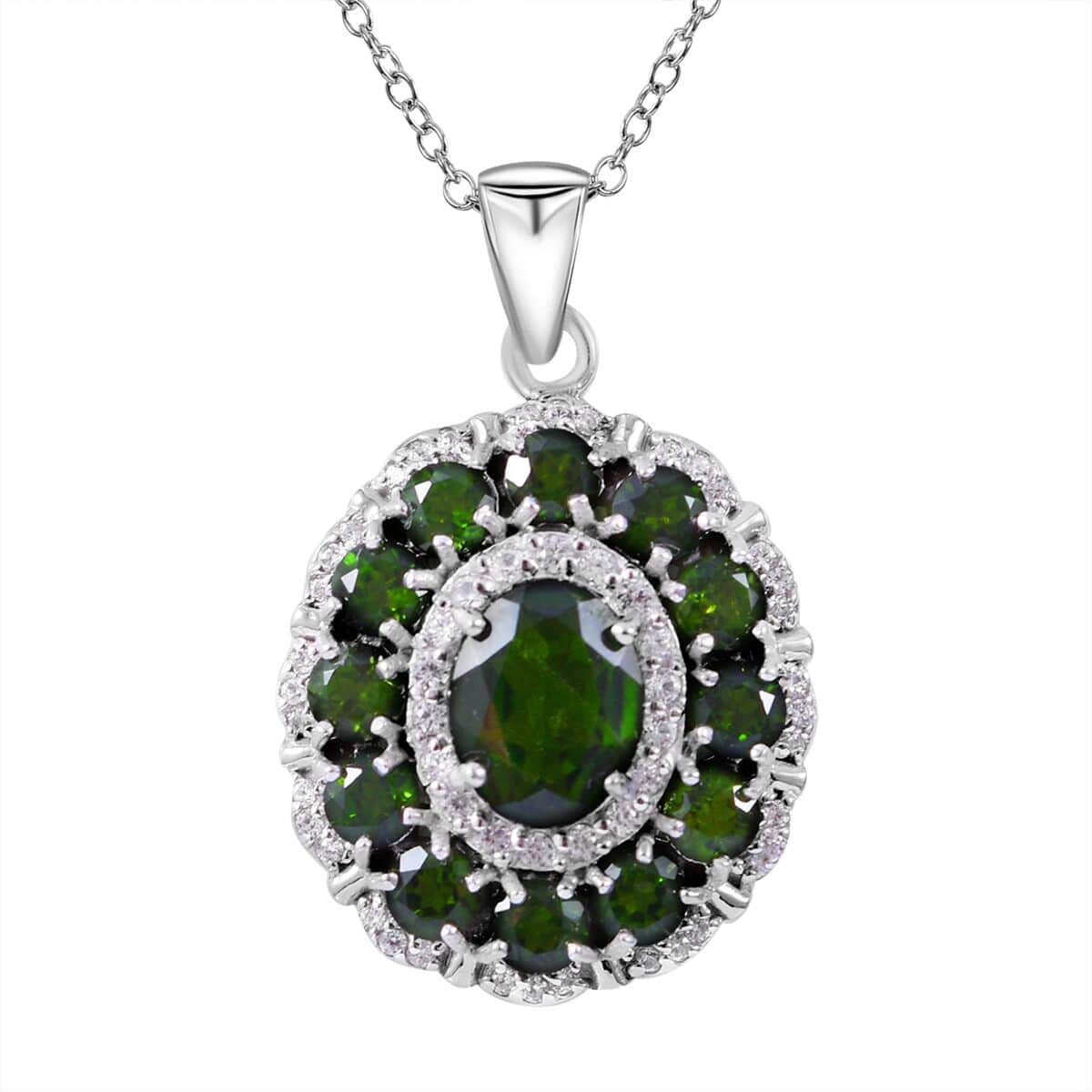 Chrome Diopside and White Zircon Double Halo Pendant Necklace 18 Inches in Platinum Over Sterling Silver 4.65 ctw image number 0