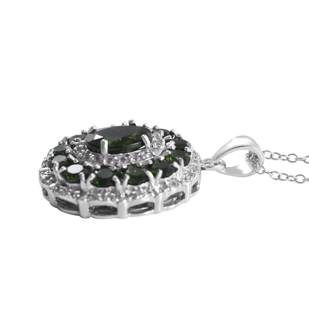 Chrome Diopside and White Zircon Double Halo Pendant Necklace 18 Inches in Platinum Over Sterling Silver 4.65 ctw image number 2