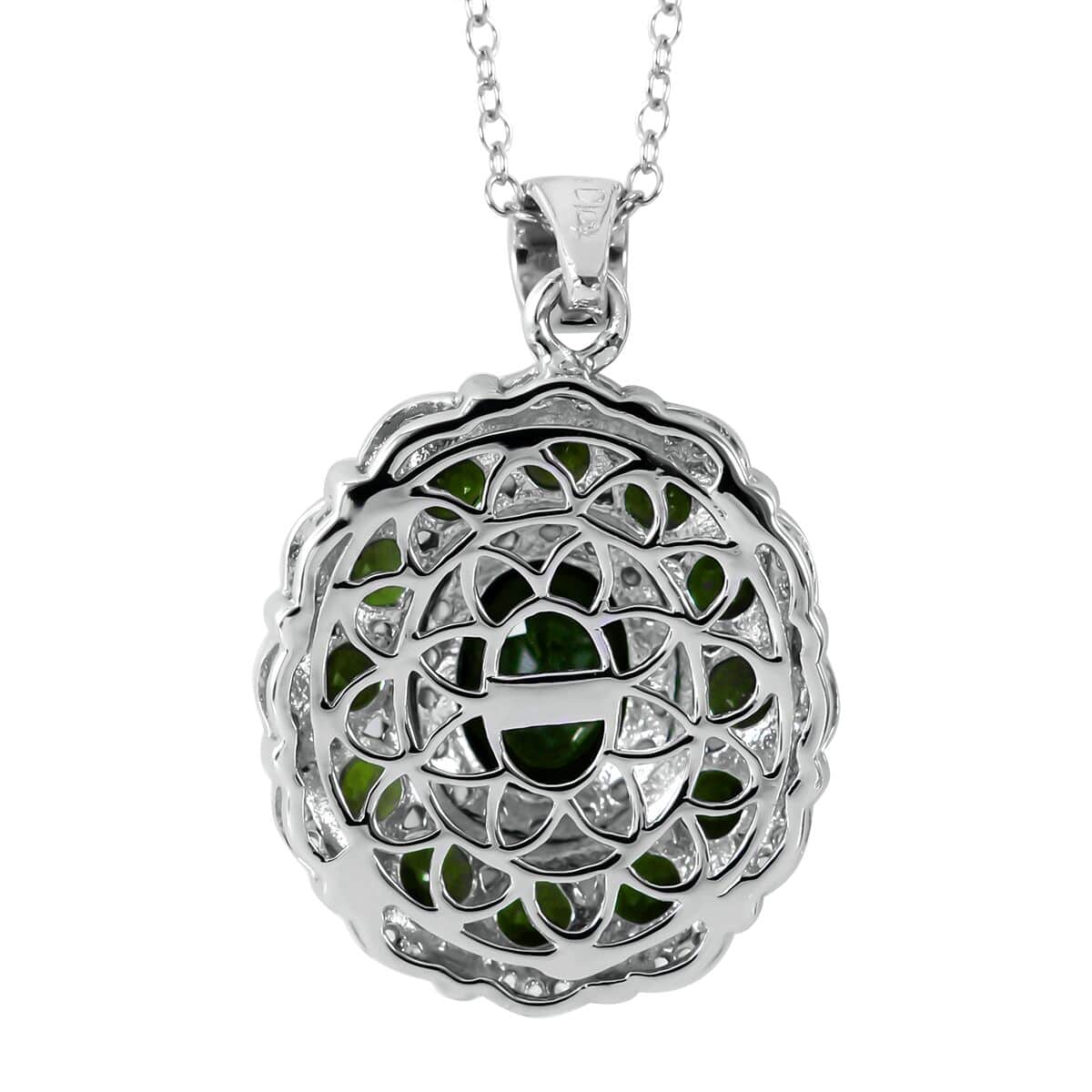 Chrome Diopside and White Zircon Double Halo Pendant Necklace 18 Inches in Platinum Over Sterling Silver 4.65 ctw image number 3