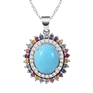 Premium Sleeping Beauty Turquoise Pendant Necklace, Multi Gemstone Accent Pendant Necklace, Double Halo Pendant Necklace, 18 Inch Necklace, Platinum Over Sterling Silver Necklace 5.25 ctw