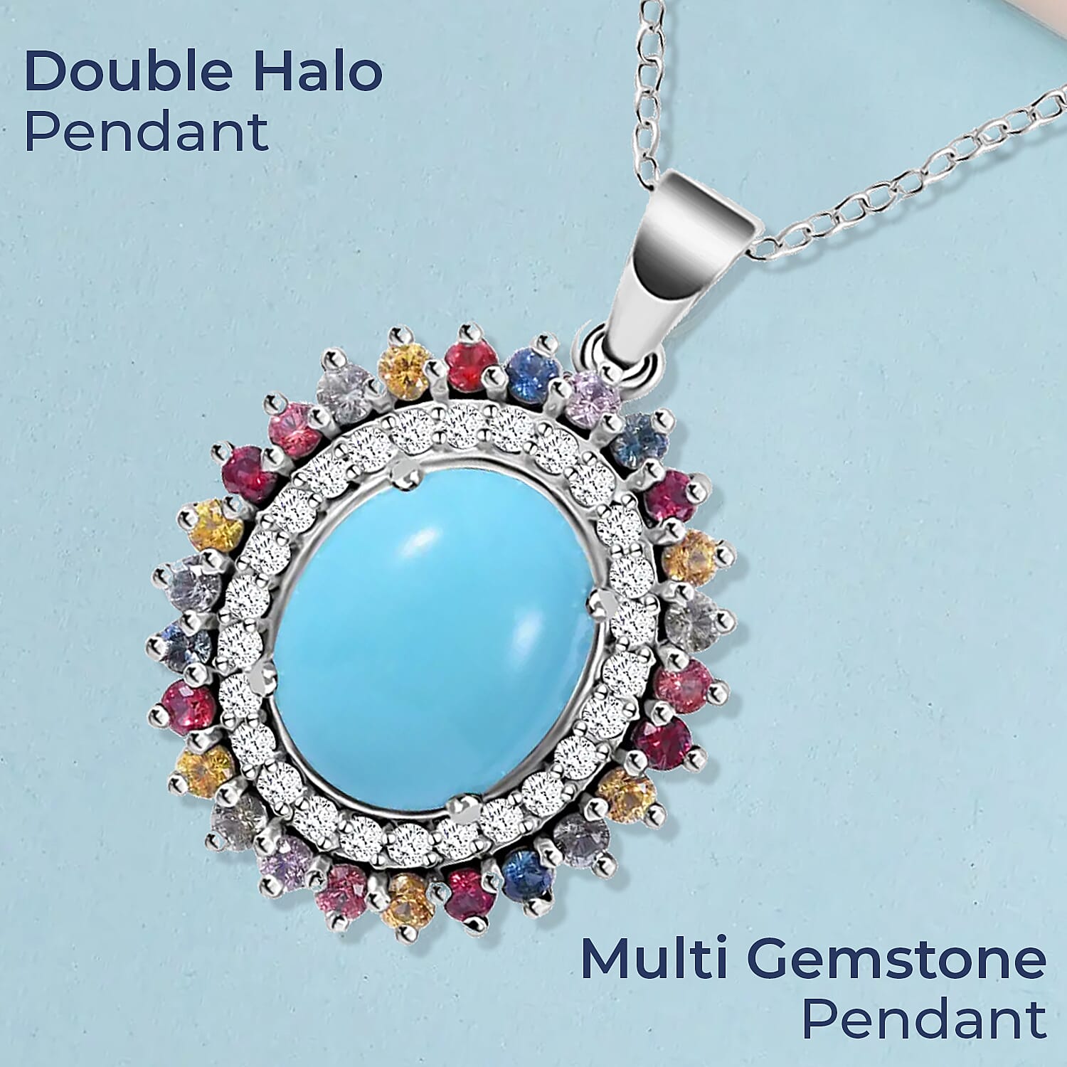 Premium Sleeping Beauty Turquoise and Multi Gemstone 5.25 ctw Accent Pendant Necklace, Double Halo Pendant Necklace, 18 Inch Necklace, Platinum Over Sterling Silver Necklace