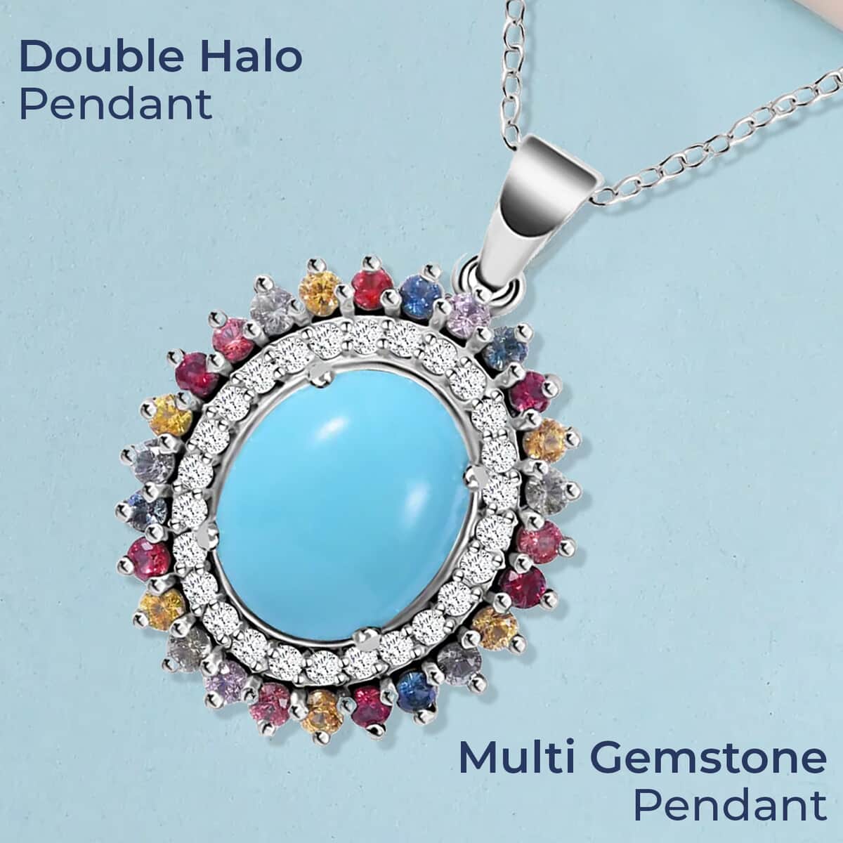 Premium Sleeping Beauty Turquoise Pendant Necklace, Multi Gemstone Accent Pendant Necklace, Double Halo Pendant Necklace, 18 Inch Necklace, Platinum Over Sterling Silver Necklace 5.25 ctw image number 1