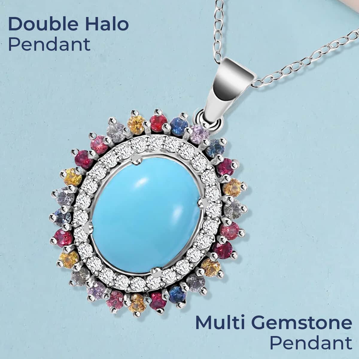 Premium Sleeping Beauty Turquoise and Multi Gemstone 5.25 ctw Accent Pendant Necklace, Double Halo Pendant Necklace, 18 Inch Necklace, Platinum Over Sterling Silver Necklace image number 1