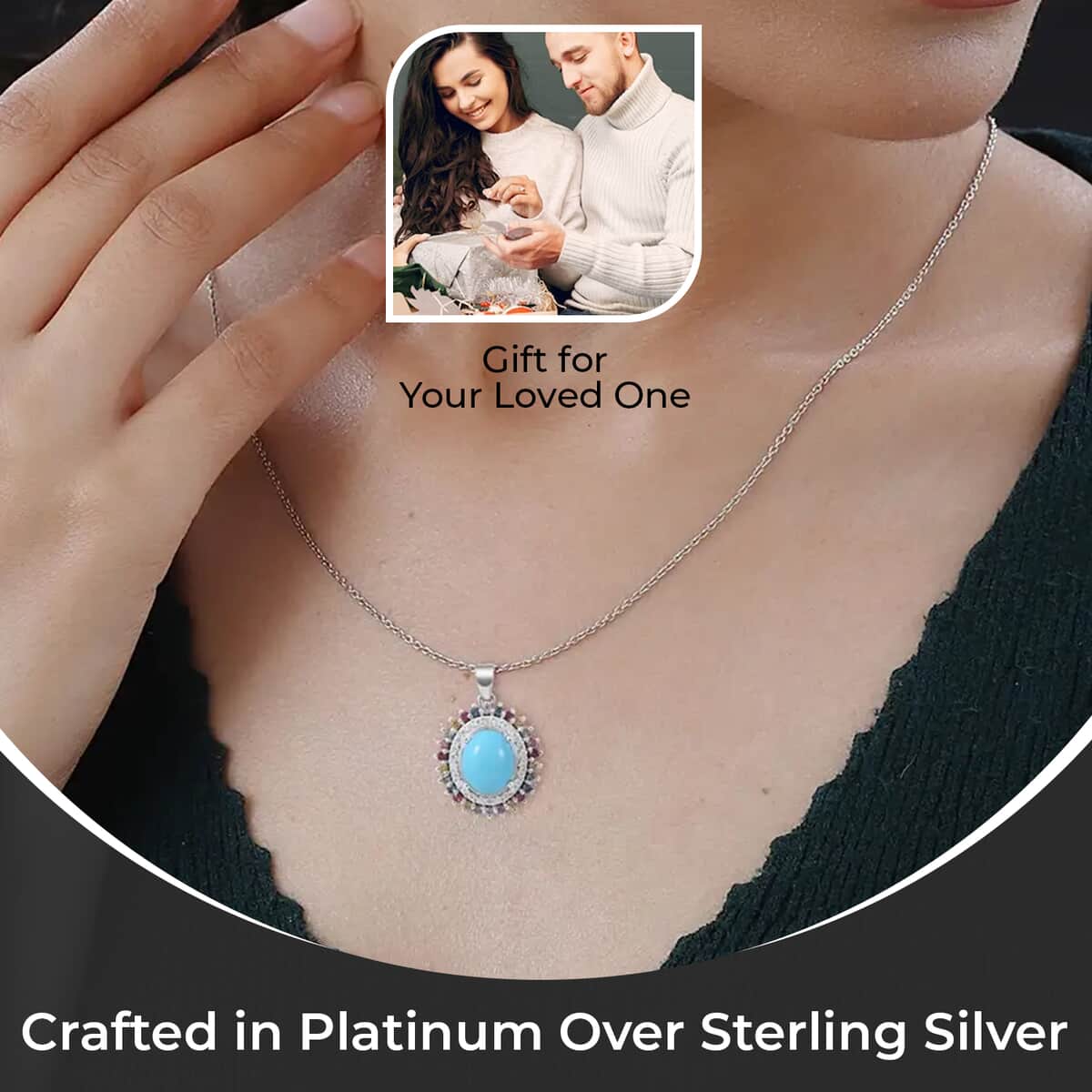 Premium Sleeping Beauty Turquoise Pendant Necklace, Multi Gemstone Accent Pendant Necklace, Double Halo Pendant Necklace, 18 Inch Necklace, Platinum Over Sterling Silver Necklace 5.25 ctw image number 2