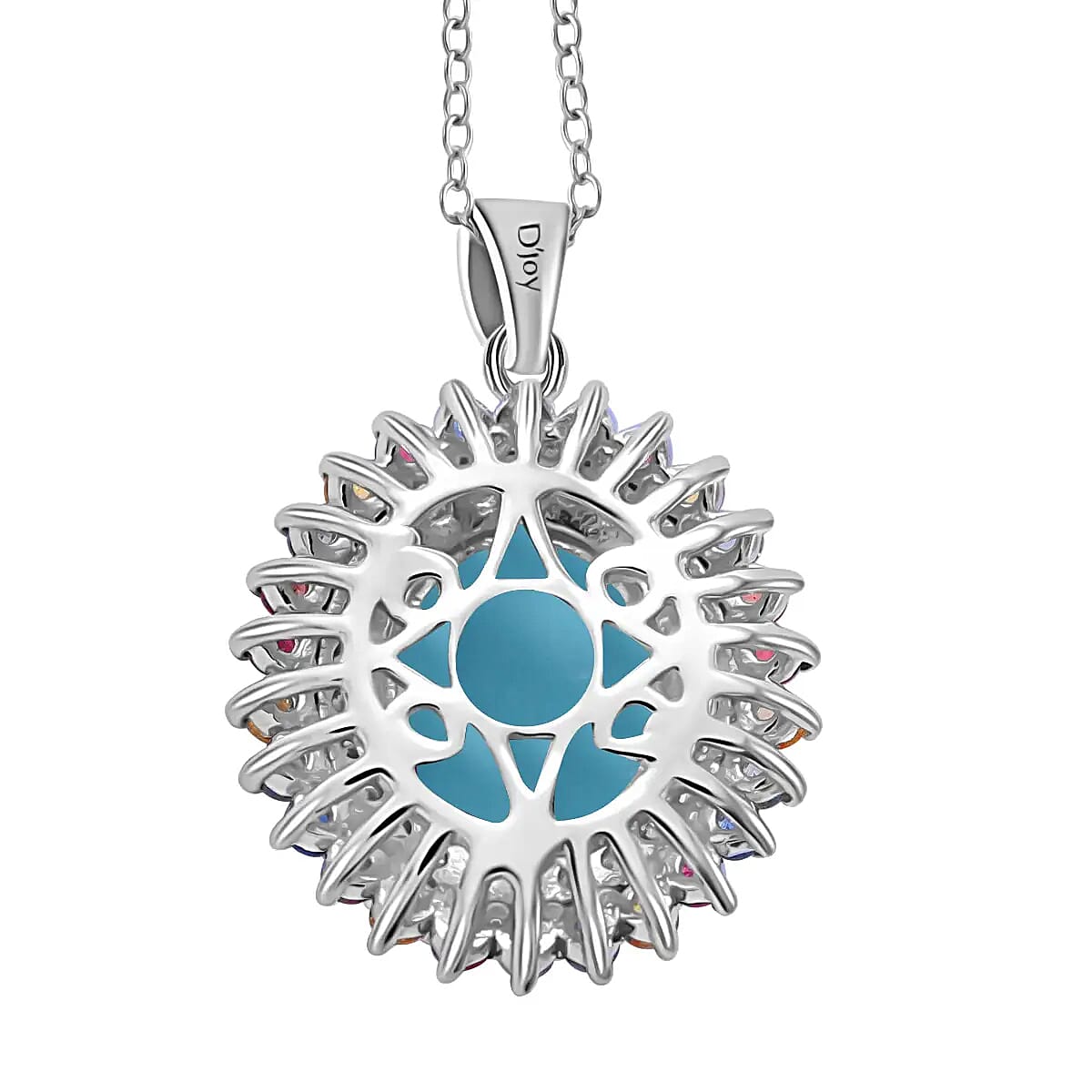 Premium Sleeping Beauty Turquoise and Multi Gemstone 5.25 ctw Accent Pendant Necklace, Double Halo Pendant Necklace, 18 Inch Necklace, Platinum Over Sterling Silver Necklace