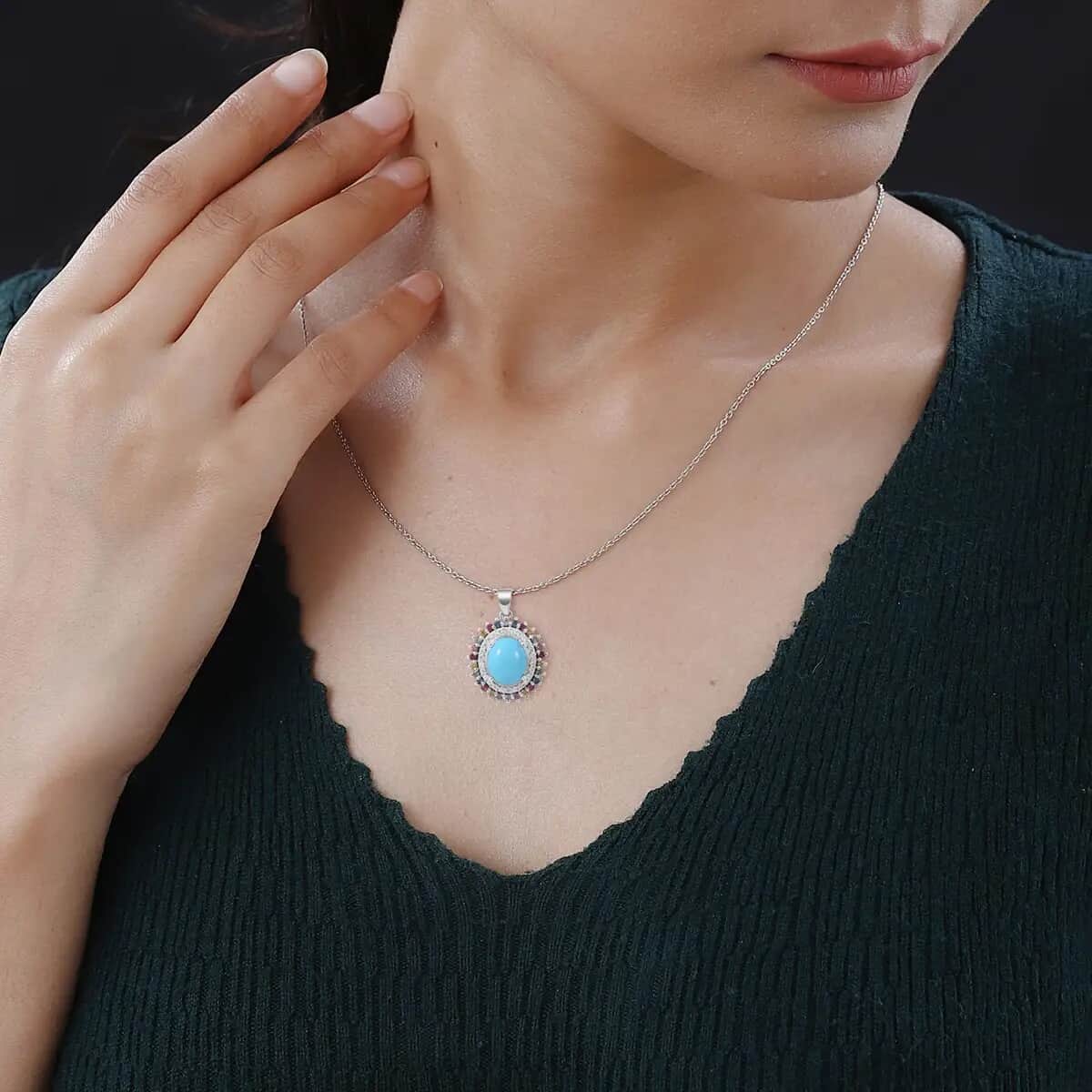 Premium Sleeping Beauty Turquoise Pendant Necklace, Multi Gemstone Accent Pendant Necklace, Double Halo Pendant Necklace, 18 Inch Necklace, Platinum Over Sterling Silver Necklace 5.25 ctw image number 5