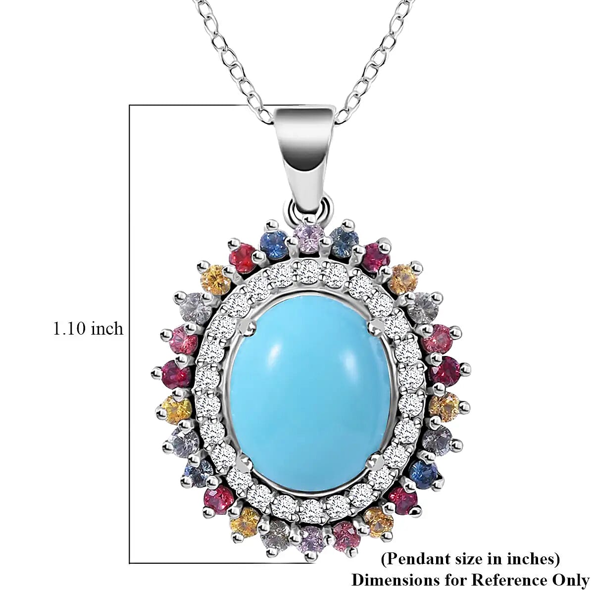 Premium Sleeping Beauty Turquoise and Multi Gemstone 5.25 ctw Accent Pendant Necklace, Double Halo Pendant Necklace, 18 Inch Necklace, Platinum Over Sterling Silver Necklace