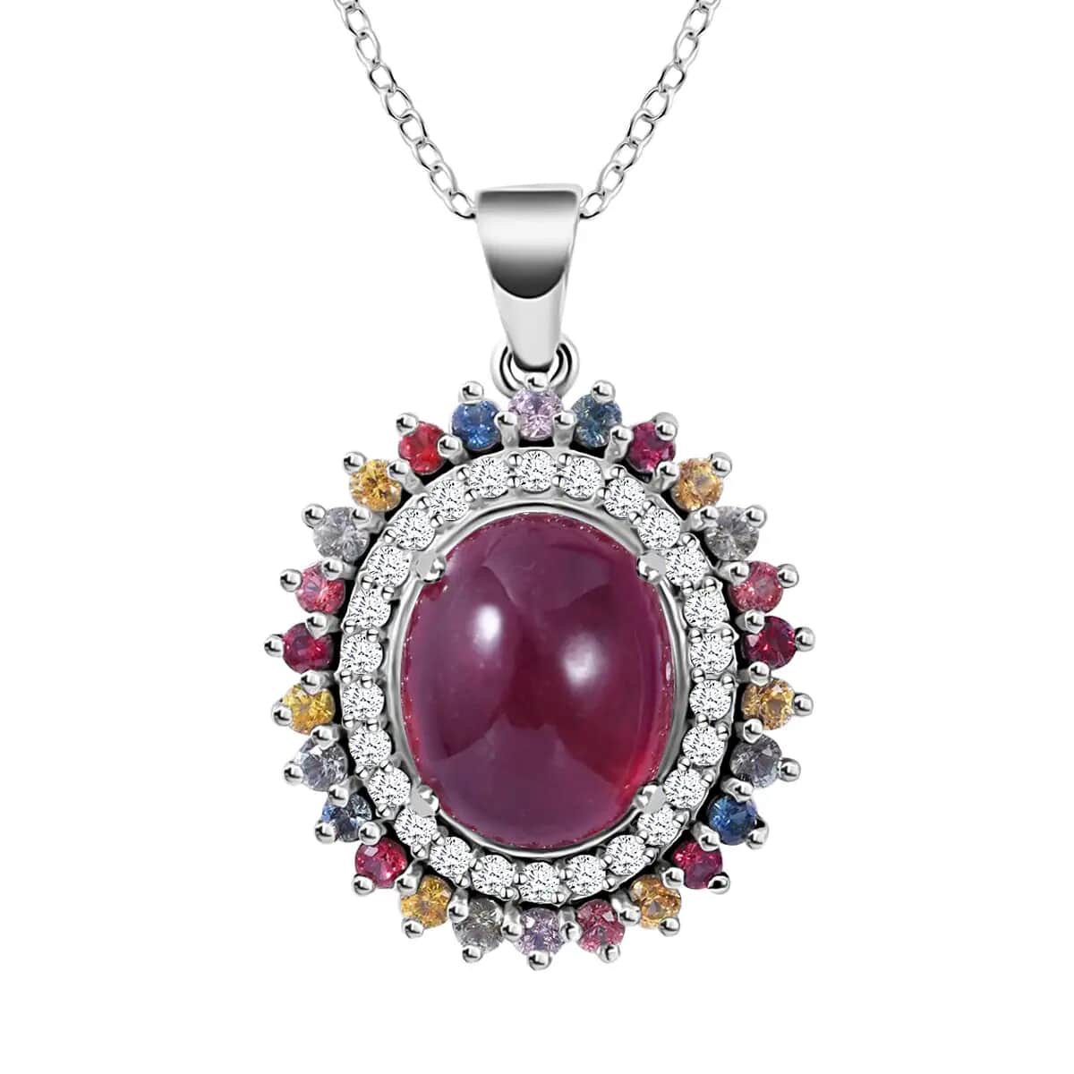 Premium Niassa Ruby Pendant Necklace , Multi Gemstone Accent Pendant Necklace , Double Halo Pendant Necklace , 18 Inch Necklace ,Platinum Over Sterling Silver Necklace 9.75 ctw image number 0