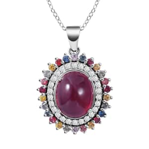 Premium Niassa Ruby Pendant Necklace , Multi Gemstone Accent Pendant Necklace , Double Halo Pendant Necklace , 18 Inch Necklace ,Platinum Over Sterling Silver Necklace 9.75 ctw