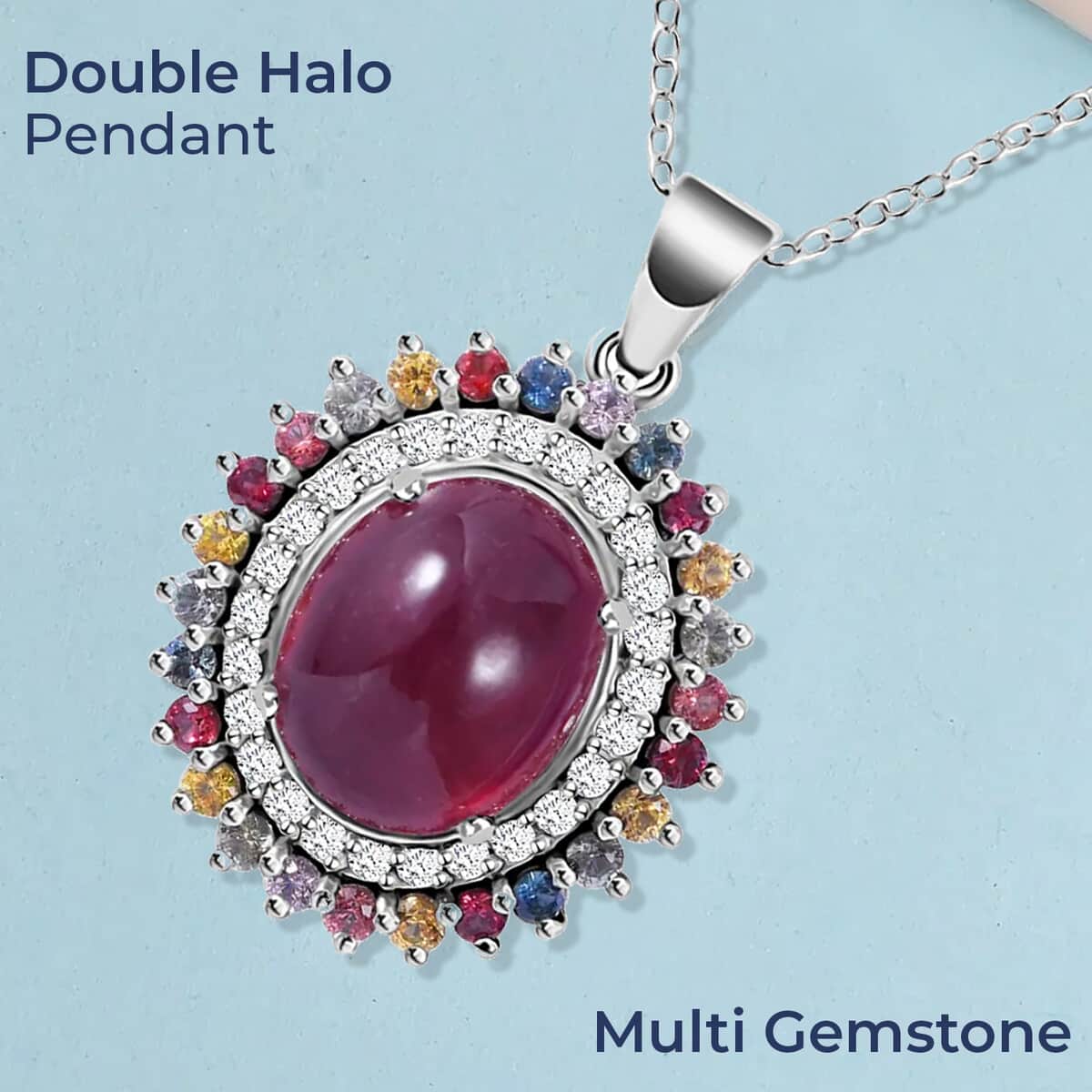Premium Niassa Ruby Pendant Necklace , Multi Gemstone Accent Pendant Necklace , Double Halo Pendant Necklace , 18 Inch Necklace ,Platinum Over Sterling Silver Necklace 9.75 ctw image number 1