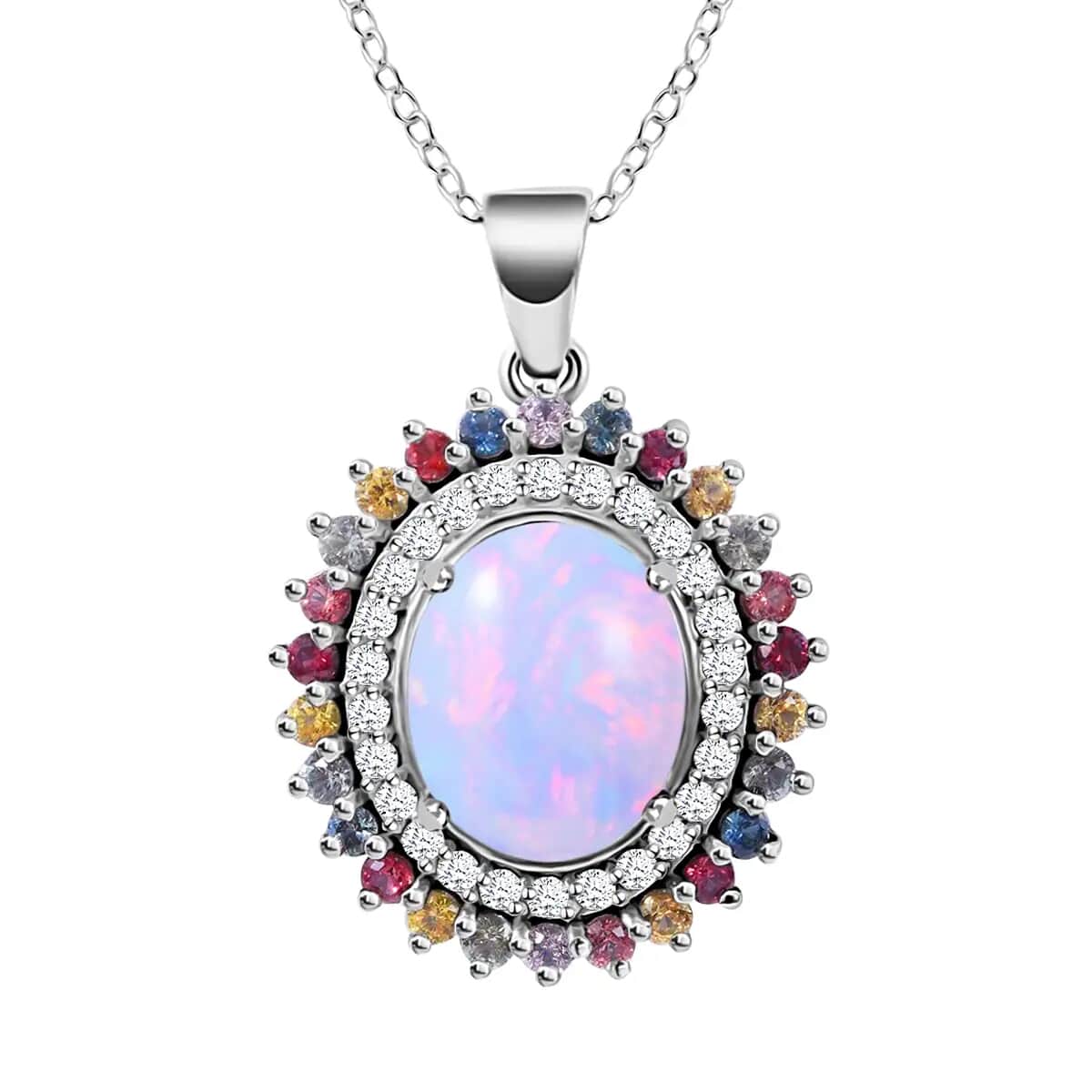 Premium Ethiopian Welo Opal and Multi Gemstone 4.35 ctw Pendant Necklace, Accent Pendant Necklace, Double Halo Pendant Necklace, 18 Inch Necklace, Platinum Over Sterling Silver Necklace image number 0