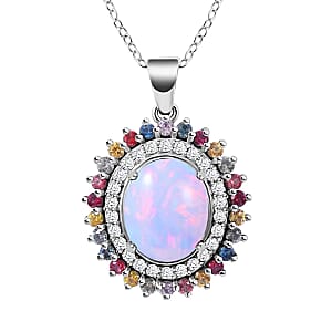 Premium Ethiopian Welo Opal and Multi Gemstone 4.35 ctw Pendant Necklace, Accent Pendant Necklace, Double Halo Pendant Necklace, 18 Inch Necklace, Platinum Over Sterling Silver Necklace