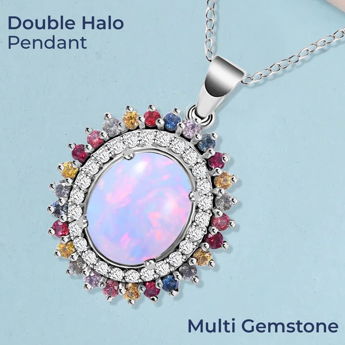 Premium Ethiopian Welo Opal and Multi Gemstone 4.35 ctw Pendant Necklace, Accent Pendant Necklace, Double Halo Pendant Necklace, 18 Inch Necklace, Platinum Over Sterling Silver Necklace image number 1