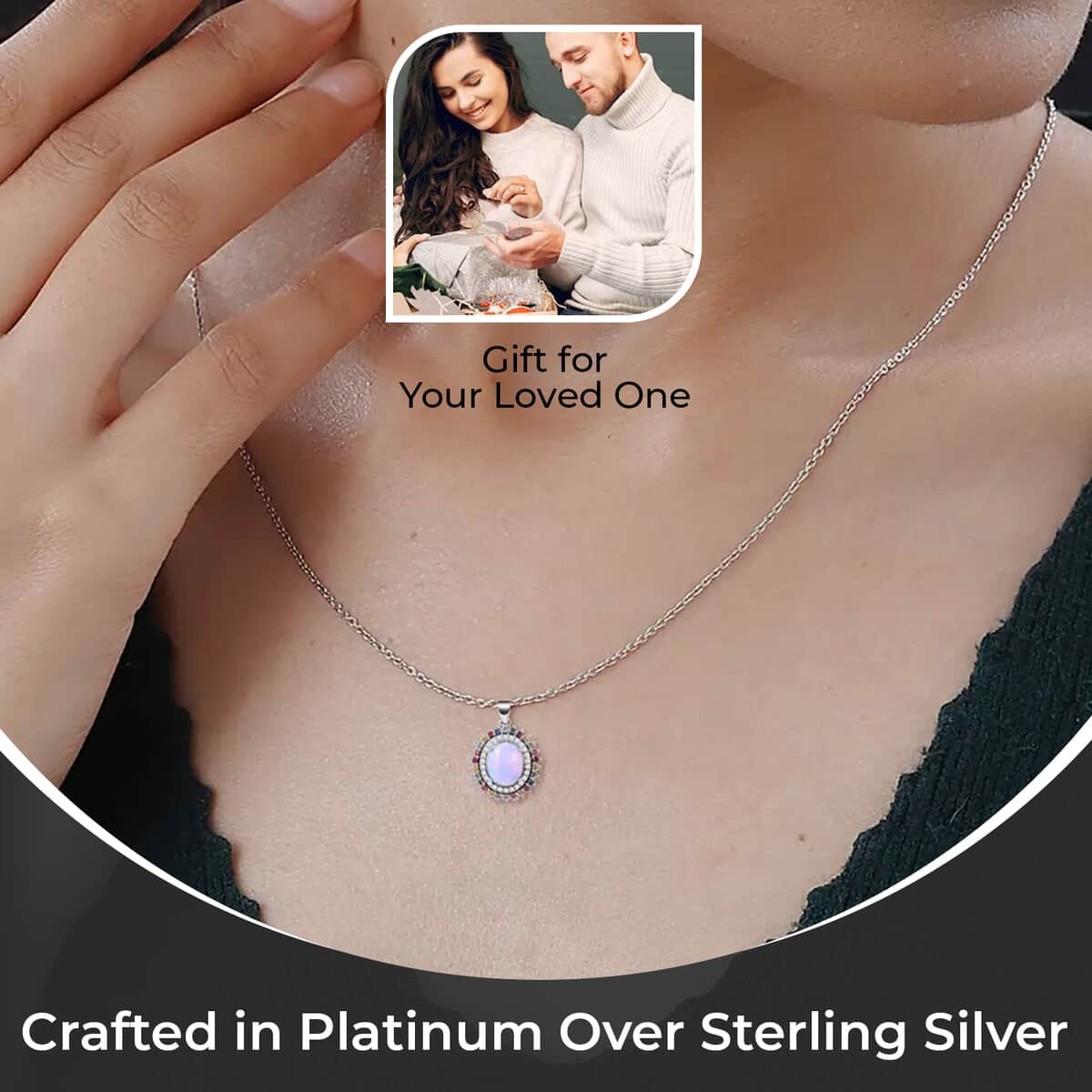 Premium Ethiopian Welo Opal and Multi Gemstone 4.35 ctw Pendant Necklace, Accent Pendant Necklace, Double Halo Pendant Necklace, 18 Inch Necklace, Platinum Over Sterling Silver Necklace image number 2