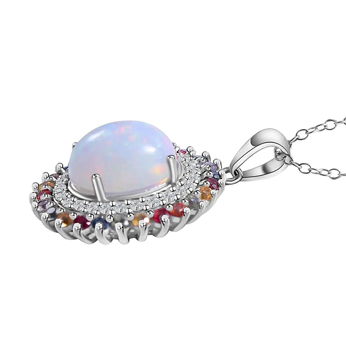Premium Ethiopian Welo Opal and Multi Gemstone 4.35 ctw Pendant Necklace, Accent Pendant Necklace, Double Halo Pendant Necklace, 18 Inch Necklace, Platinum Over Sterling Silver Necklace