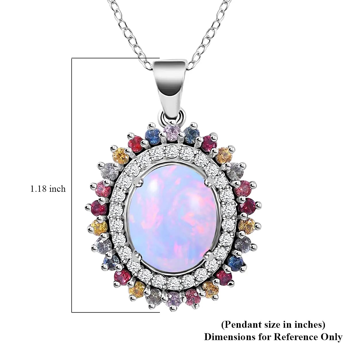 Premium Ethiopian Welo Opal and Multi Gemstone 4.35 ctw Pendant Necklace, Accent Pendant Necklace, Double Halo Pendant Necklace, 18 Inch Necklace, Platinum Over Sterling Silver Necklace