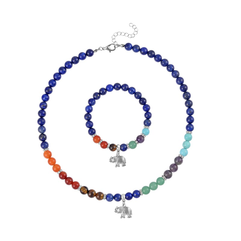 Multi Gemstone Beaded 7 Chakra Stretch Bracelet and Necklace 18-20 Inches with Elephant Charm in Silvertone 288.50 ctw