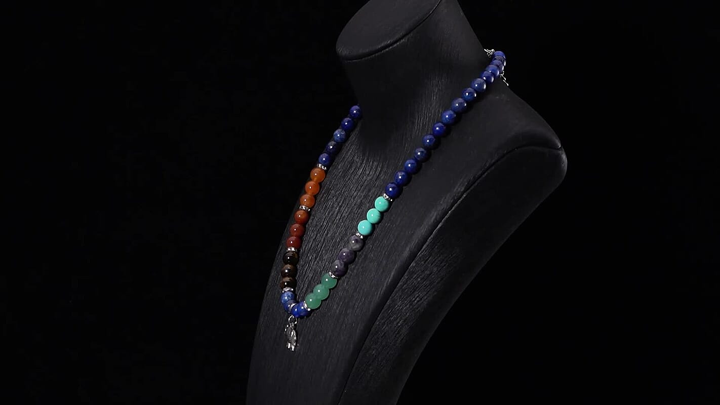 Multi Gemstone Beaded 7 Chakra Stretch Bracelet and Necklace 18-20 Inches with Elephant Charm in Silvertone 288.50 ctw