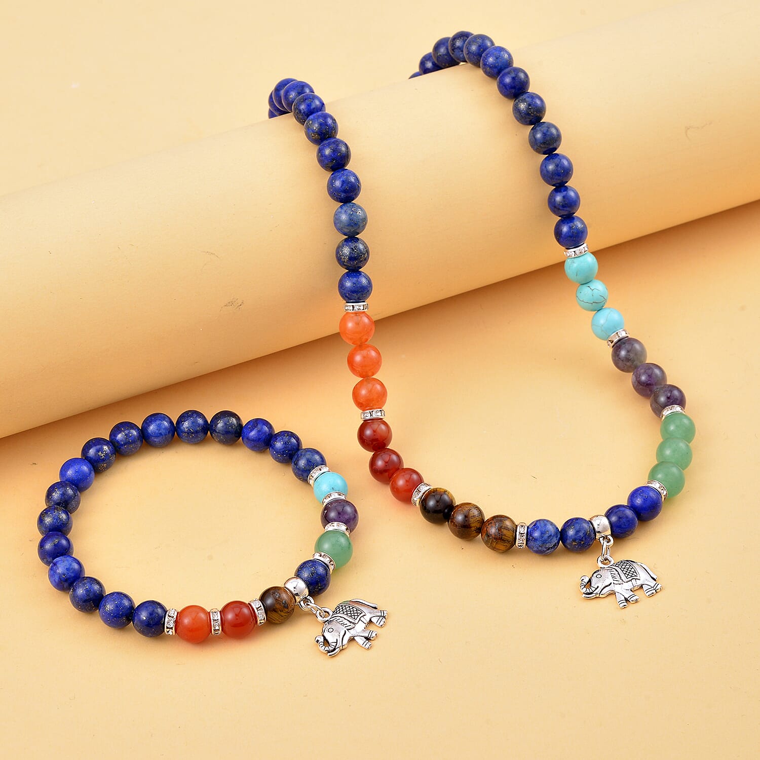 Multi Gemstone Beaded 7 Chakra Stretch Bracelet and Necklace 18-20 Inches with Elephant Charm in Silvertone 288.50 ctw