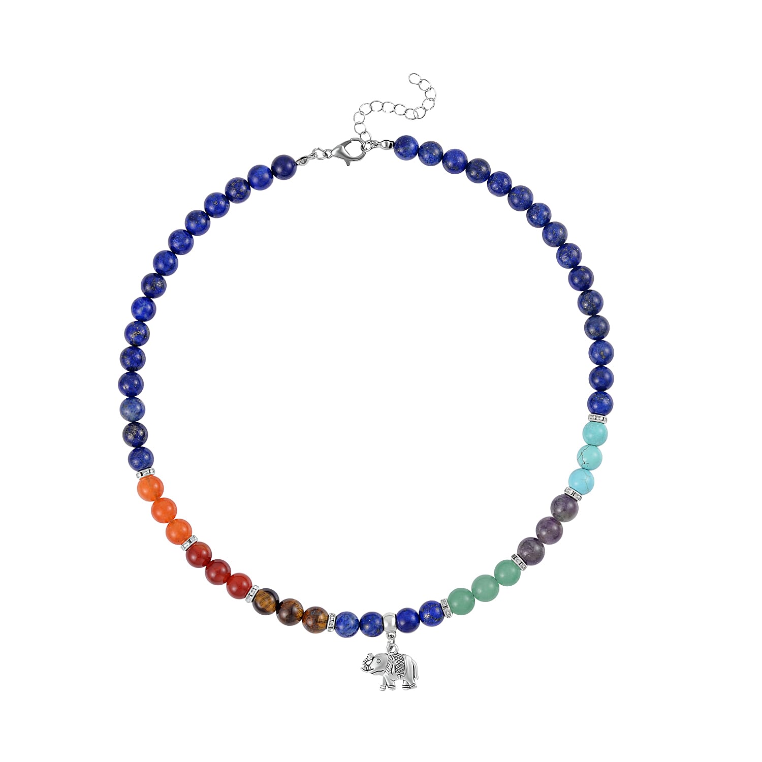 Multi Gemstone Beaded 7 Chakra Stretch Bracelet and Necklace 18-20 Inches with Elephant Charm in Silvertone 288.50 ctw