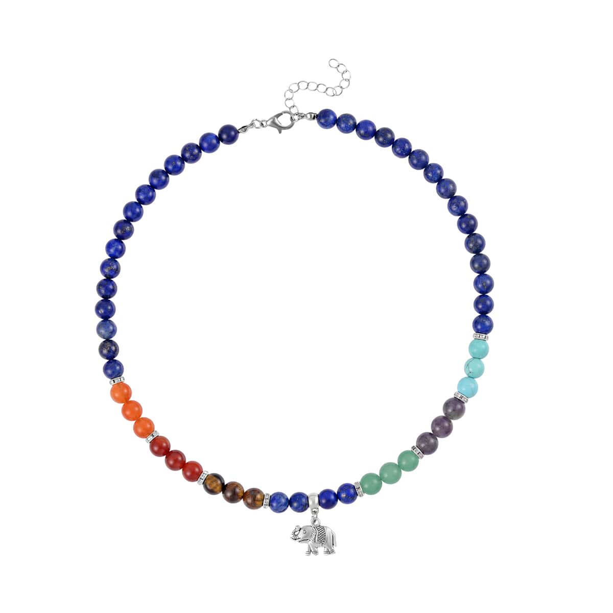 Multi Gemstone Beaded 7 Chakra Stretch Bracelet and Necklace 18-20 Inches with Elephant Charm in Silvertone 288.50 ctw image number 2