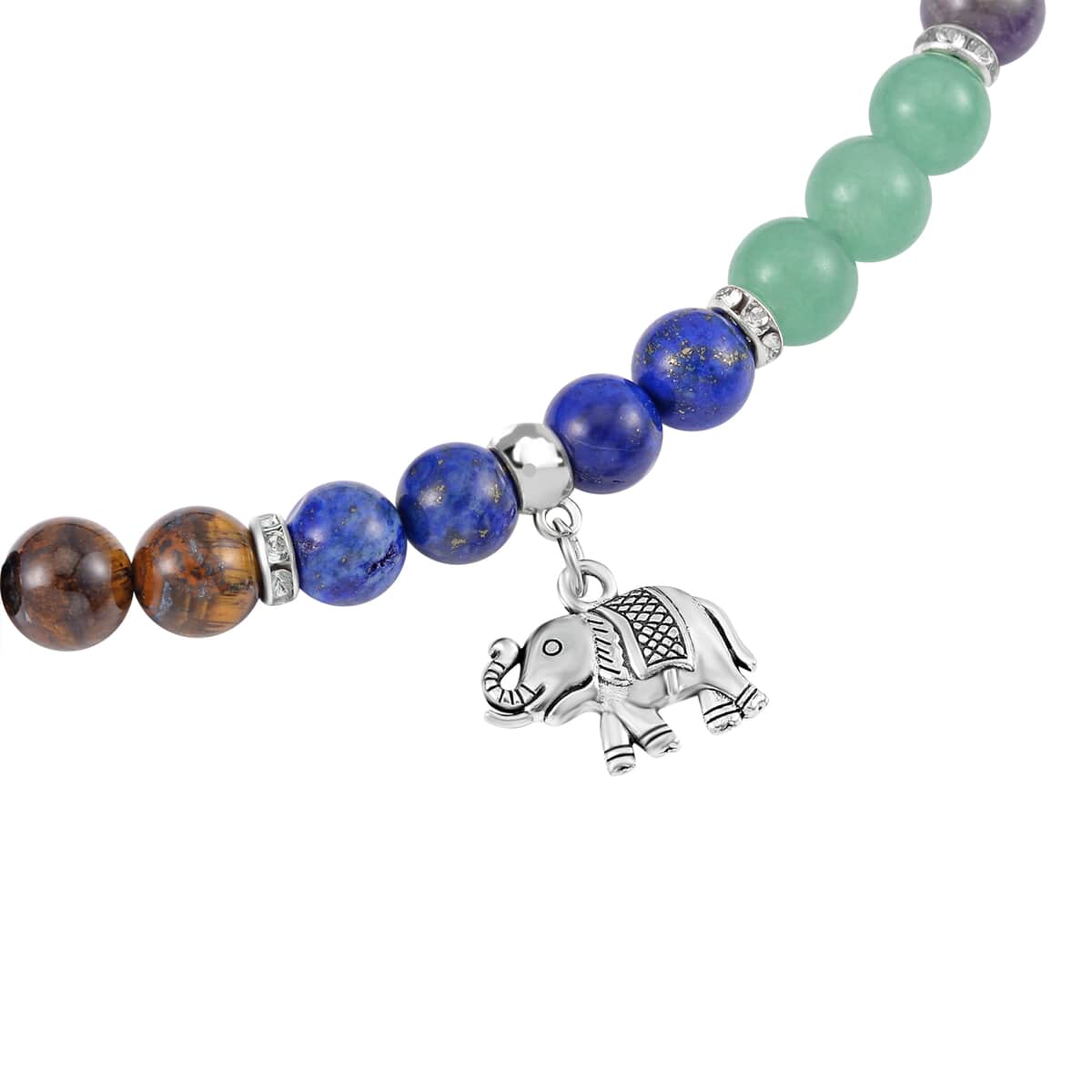 Multi Gemstone Beaded 7 Chakra Stretch Bracelet and Necklace 18-20 Inches with Elephant Charm in Silvertone 288.50 ctw image number 3